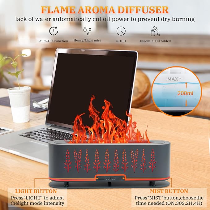 Essential Oil Diffusers, Flame Air Diffuser, 200ml Aromatherapy Diffuser with 2 Mist Mode 4 Timer Up & Waterless Auto-Off Protection for Bedroom Home, Office(Wheat-Gray)