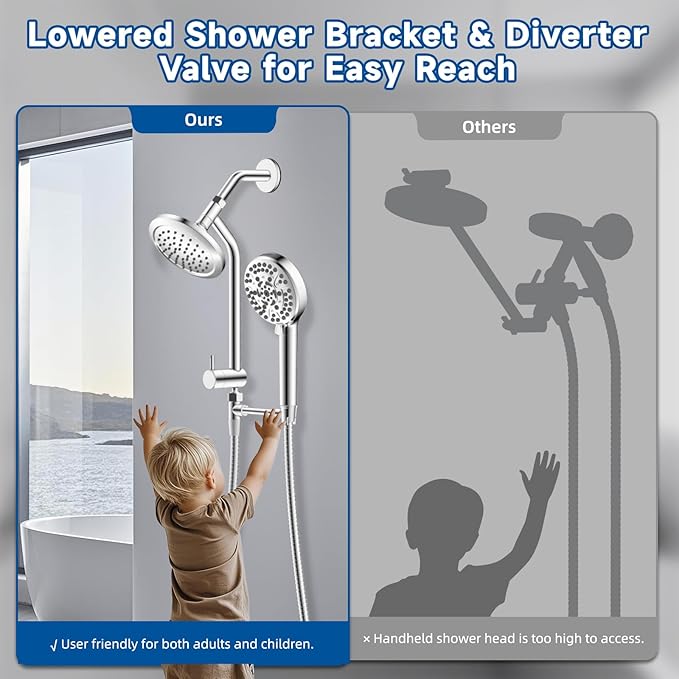 All Metal Dual Shower Head Easy Reach, High Pressure 10-Spray Handheld Shower & 6" Round Rainfall Shower Head Combo, Shower Extension Arm, 71" Hose, 3-way Diverter, Brass Shower Bracket, Chrome