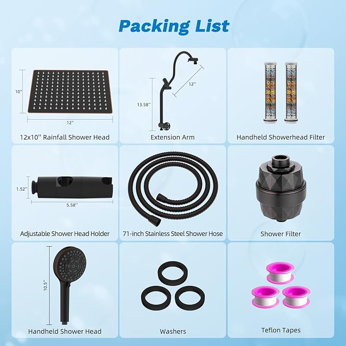 Hibbent Dual Filter All Metal 12" Rainfall Showerhead Combo, High Pressure Filter Shower Head with 10-Spray Handheld, 4-way Diverter with Pause Mode, 71'' Shower Hose and Holder, Oil Rubbed Bronze