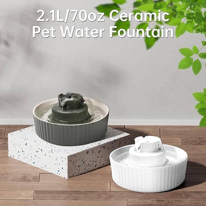 Ceramic Cat Water Fountain, 2.1L/70oz Ceramic Pet Water Fountain Automatic Cat Drinking Fountains Pet Water Bowl, Porcelain Cat Water Dispenser with Ultra-Quiet Pump for Cats and Dogs (White)