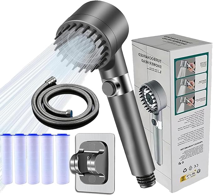 Ion Drops Filtered Shower Head with Handheld, High Pressure Water Flow Showerhead, with Shower Head Filter for Hard Water Boosting, with ON/OFF Switch 4-piece set (Grey)
