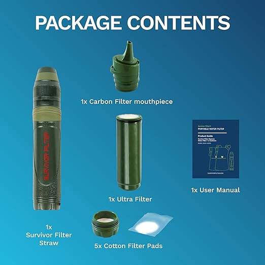 Survivor Filter Emergency Water Straw – USA-Tested – 0.05 Micron Filtration – Portable Outdoor Water Filter for Camping & Hiking - No Expiration