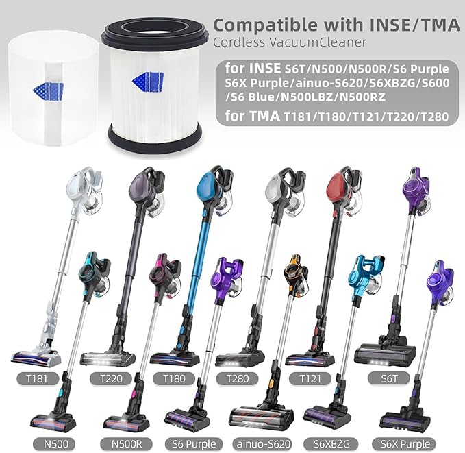 High-Efficiency Filter Replacement for INSE N5S N5T S6T S6P Pro S610/TMA T120 T121 T151 T150 T220 T210 T181 T180 T220 Cordless Vacuum Cleaner -6 pack+1pc Brush - AquaVibe