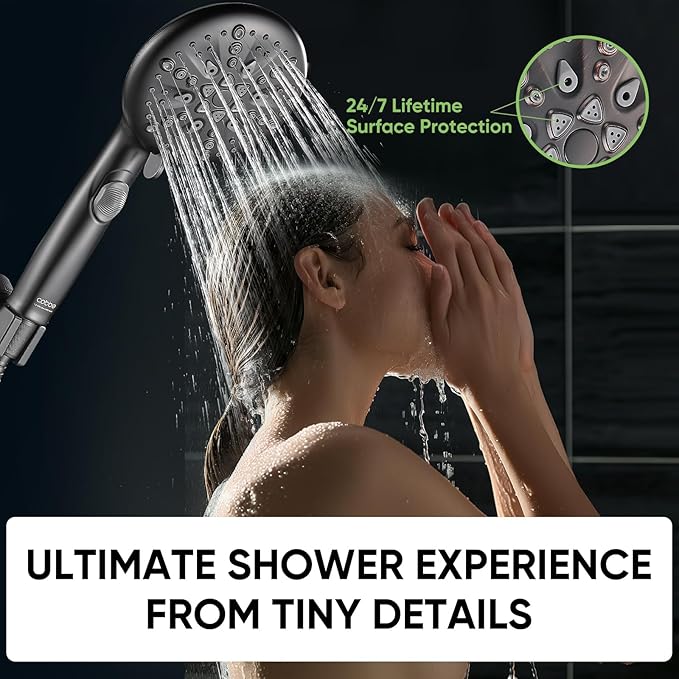 Cobbe High Pressure Shower Head with Built-in Pause Button, 9-Function Detachable Showerhead with Handheld Brass Swivel Bracket & Stainless Steel Hose, Water Saving 1-Click Stop, Black