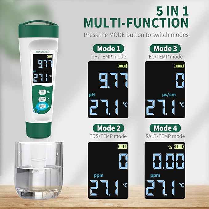 5-in-1 Digital PH Meter, with Voice Function, PH/TDS/EC/Temp/Salt Pool Salt Tester, Waterproof & Rechargeable Pen Meter for Swimming Pools, Fish Tank, Aquariums & Hydroponics