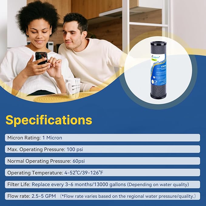 1 Micron 10" x 2.5" Whole House CTO Carbon Water Filter Cartridge Replacement for Home Countertop System, Dupont WFPFC8002, WFPFC9001, FXWTC, SCWH-5, WHEF-WHWC, WHCF-WHWC, CTO10, T01, 3PACK