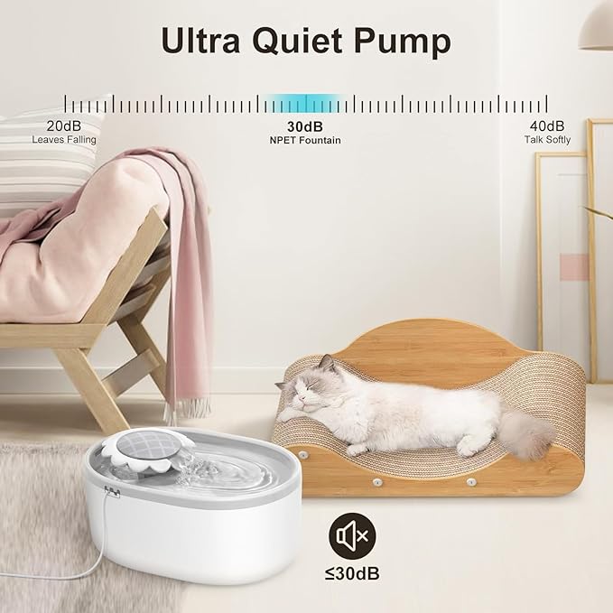 NPET Cat Water Fountain with Visible Water Level Window, White Grey 2L/67oz Automatic Pet Water Fountain with Quiet Pump, Dog Water Dispenser for Drinking (Regular)