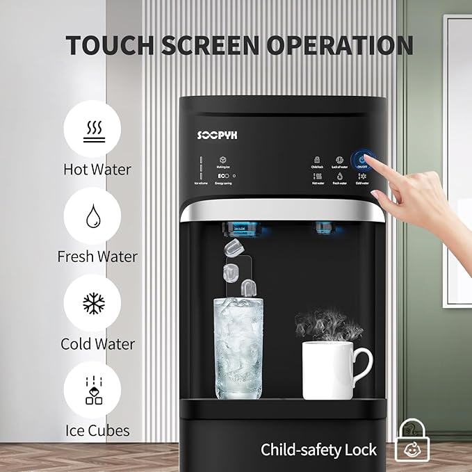 Self Clean Water Cooler Dispenser and Ice Maker Bottom Load for 5 Gallon Ice 22lbs Daily Capacity 3 Temperature Settings Full Alert Night Light Black