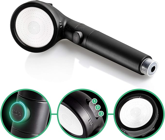 Original StoneStream® EcoPower Shower Head System — Spa Like Ionic Vitamin C Filter to Soften Water, Increase Pressure & Save Water — Showerhead + 4-in-1 Wall Adapter Kit — Matte Black