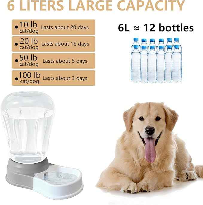 1.6 Gallon Automatic Dog Water Dispenser, Large Capacity Gravity Pet Water Bowl for Multiple Pets, BPA-Free Cat Water Feeder for Large Dogs, Refill Less Often, Grey