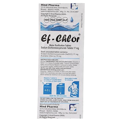 Ef-Chlor Water Purification Tablets (17 mg - 100 Tablets) - Ideal for Emergencies, Survival, Travel & Camping, Portable Drinking Water Treatment (1 Gallon in 1 Tablet)