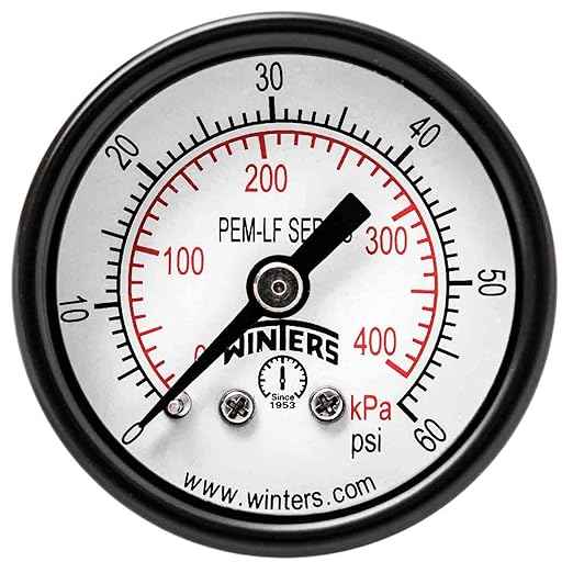 Winters 1-1/2 inch Dial Size, Economy Utility Dry Pressure Gauge, Potable Brass Internals, Steel Case, Dual Scale 0-60 psi/kPa, 3-2-3% Acc, 1/8 inch NPT Back Mount, Drinking Water Pressure Gauge