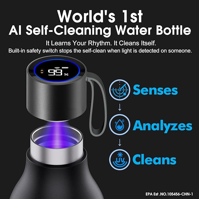 VSITOO 33oz Smart Self Cleaning Water Bottle，Insulated Water Bottle with Stainless Steel, BPA-Free, AI Self-Clean, 30-Day Battery, Magnetic Charging for Travel, Gym or Office, Black