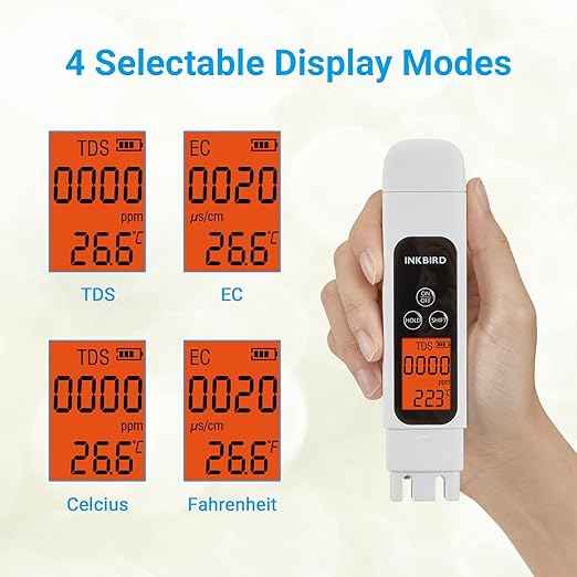 TDS Meter Digital Water Tester, INKBIRD Professional Electronic 3-in-1 TDS, Temperature and EC Meter, 0-4995ppm, Ideal ppm Meter for Drinking Water, Aquariums, and More Lab Viscometers(White)