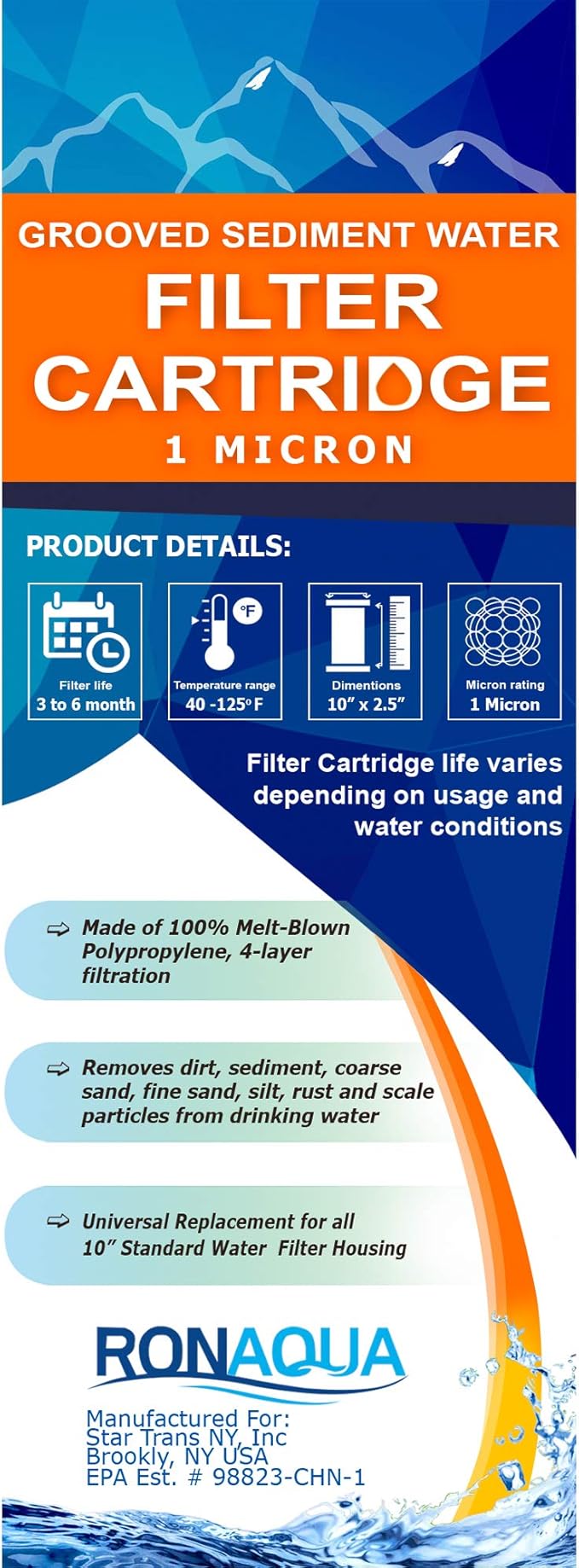 Grooved Sediment Water Filter Cartridge by Ronaqua 10"x 2.5", Four Layers of Filtration, Removes Sand, Dirt, Silt, Rust, made from Polypropylene (6 Pack, 1 Micron)