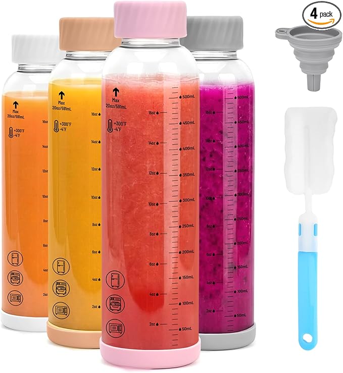 Zukro Glass Water Bottles with lids 20 oz - 4 Pack Heat-resistant Borosilicate Juice Bottles with Stainless Steel Cap for Juicing, Protein, Milk, Smoothies - Reusable & Airtight Leak proof, BPA Free