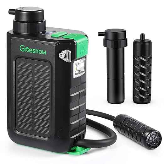 Greeshow Electric Portable Water Filter with Reusable 0.01 Micron Filter for Camping, Hiking, Survival with 3000mAh Portable Power Bank, Suport USB/Solar/Hand Crank Charing (Set of 2 Filters)