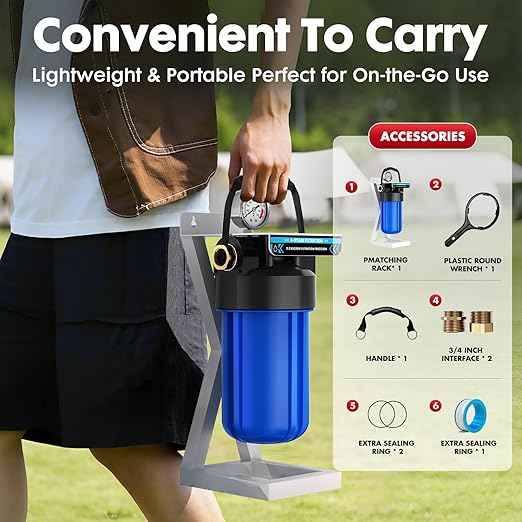 6-Layer RV Water Filter with Stand, 0.5 Micron Filtration, 3/4" GHT Metal Threads for RV & Camping,Reduces Sediments, Chlorine, VOCs, Heavy Metals, Bad Taste & Odor