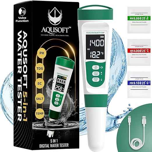 AQUSOFT 5-in-1 Digital PH Meter with Voice Function | High Accuracy PH,TDS,EC,Salinity & Temp Pen | Waterproof & Rechargeable PH Meter for Swimming Pools,Aquariums & Hydroponics | Fast Water Tester