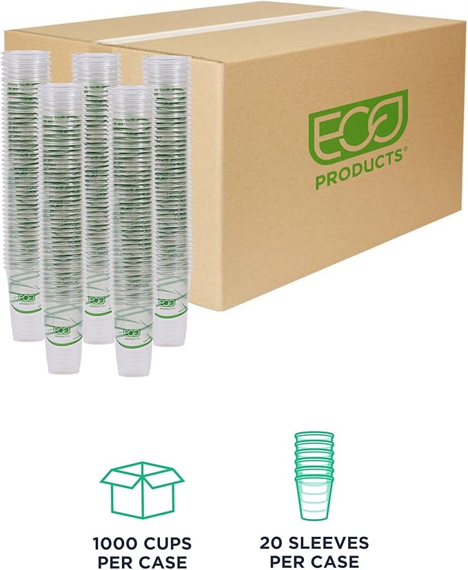 ECO PRODUCTS GreenStripe Clear Compostable 20oz PLA Large Plastic Cups, Case of 1000, Disposable Renewable Plant-Based Cold Cups, For Cold Drinks & Snacks, BPI Certified, ASTM Compliant.