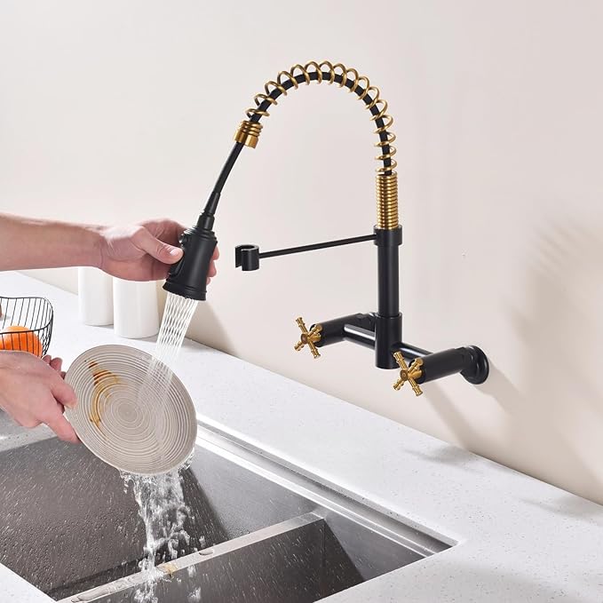 Wall Mount Kitchen Faucet, 8 Inch Center Wall Mount Faucet with Pull Down Sprayer, Commercial Spring Wall Faucet for Kitchen Sink, 3 Functions, Dual Handle, 304 Stainless Steel, Black and Brushed Gold