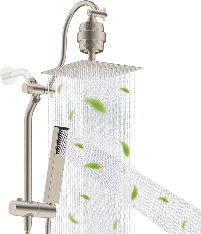 Hibbent All Metal 10'' Filtered Rainfall Shower Head, High Pressure Showerhead combo with 4-mode Handheld Spray, 12'' Extension Arm, Extension Bar with Holder, Shower Filter, Brushed Nickel