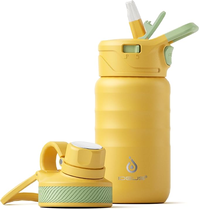 IDEUS Insulated Water Bottle 12oz, Stainless Steel Insulated Water Bottle For School, Insulated Bottles With Straws Leakproof, Vacuum Double Wall Water Bottles For Boys And Girls With 2 Lids, BPA Free