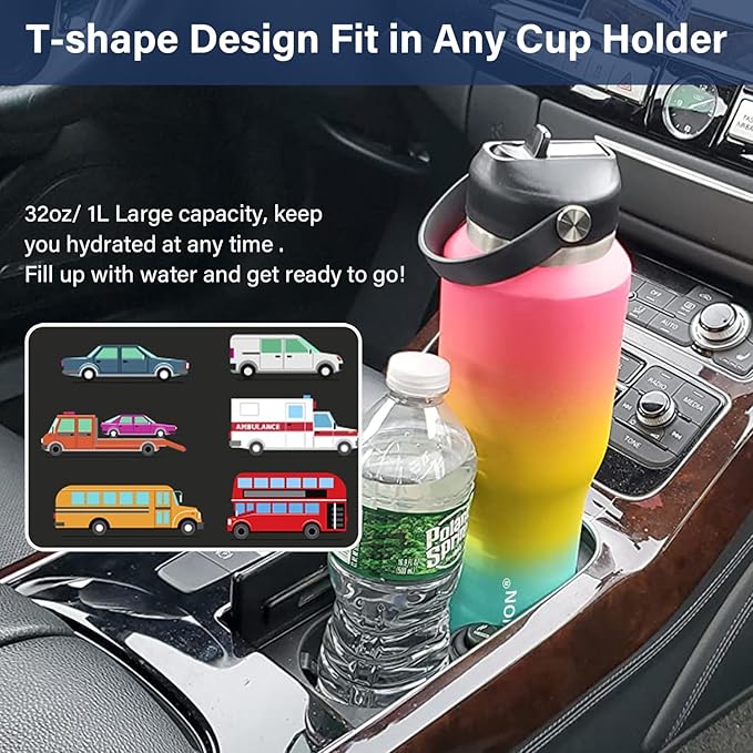 40 oz Insulated Water Bottle with Straw fit in Car Cup Holder(Cold 48 hrs, Hot 24 hrs) Drinking Bottle with Straw Lid, Spout Lid and Flex Cap Leakproof Travel Thermo Mug，Yellow - Green