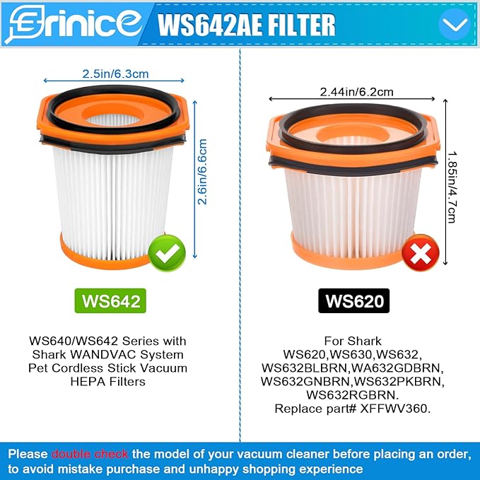 WS642AE Filter for Shark Wandvac Self-Empty Cordless Stick Vacuum WS642AE Replacement Part, 4 HEPA Filter + 4 Foam & Felt Filter + 2 Base Post-Motor Filter + 1 Cleaning Brush - AquaVibe