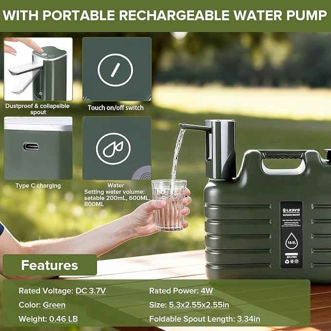 5 Gallon Camping Water Jug with Foldable Auto Pump, BPA-Free Leak-Proof Camping Water Container with Spigot, Type-C Rechargeable, Portable Water Storage Tank for Hiking, Outdoors & Emergency Use