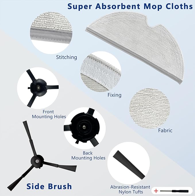 Replacement Accessories Kit Compatible with Roborock Q5 Max+/ Q5 Pro/ Q5 Pro+/ Q5 DuoRoller+/ Q8 Max/ Q8 Max+ Plus Vacuum Robot, Main Brushes, 2 Side Brushes, 2 HEPA Filters,2 Bags,2 Rags,Tools - AquaVibe