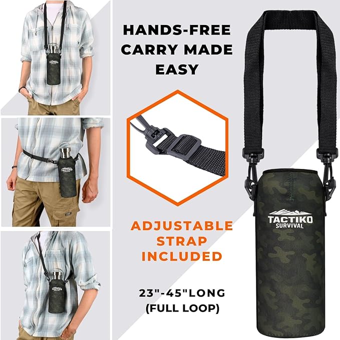 Tactiko Survival 34 oz/1000 ml Stainless Steel Wide Mouth Water Bottle, Single Wall Boil-Safe, Leakproof, BPA-Free with Carry Sleeve and Strap for Camping, Hiking, Outdoor Prep (Camo)