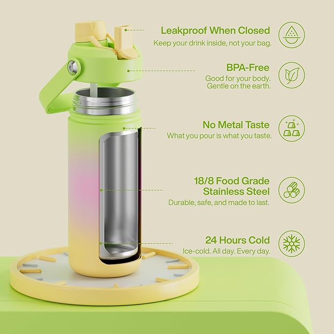 ENCOOL Insulated Water Bottle with Straw Stainless Steel Water Bottle, Leak-Proof, BPA-Free, Double Wall Vacuum Keeps Cold for 24 Hours for Sports, Travel, School (18 oz, Morning Dew)