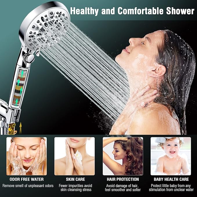 INAVAMZ 2.5GPM Handheld Shower Head with Filter:9 Spray Modes High Pressure Shower Head with ON/OFF Pause Switch, 15 Stage Shower Head Filter for Hard Water Remove Chlorine and Harmful Substances