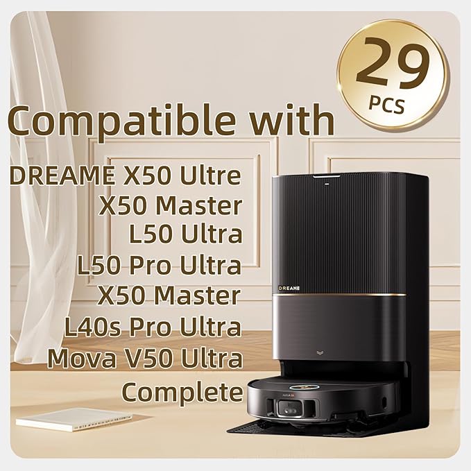 29 Pack Accessories Kit Compatible with Dreame X50 Ultra Complete/L50 Pro Ultra/L50 Ultra/X50 Master/L40s Pro Ultra/Mova V50 Ultra Complete Replacement Parts, Main Brushes Dust Bags - AquaVibe