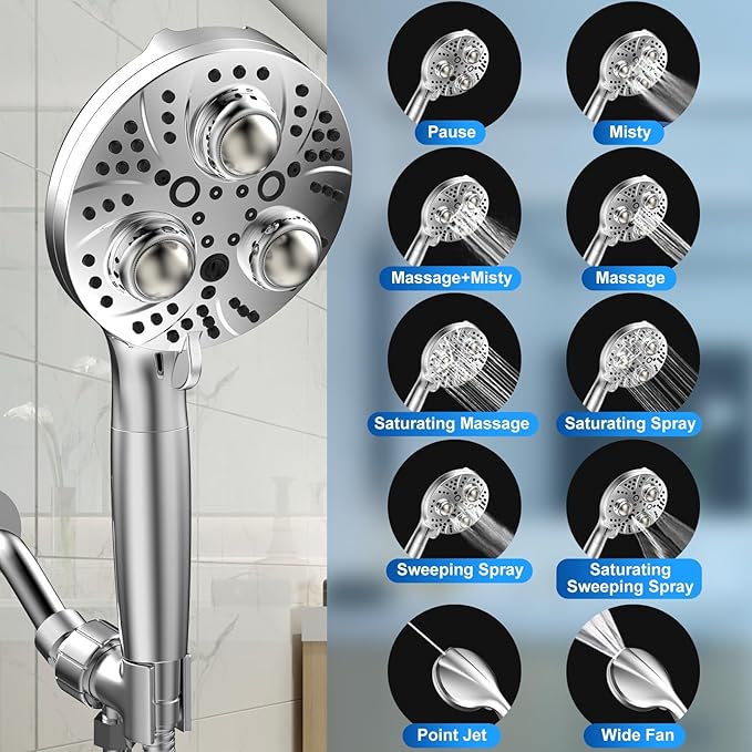 Filter Handheld Shower Head for Residual Chlorine Remove,10-Spray Modes Massage Showerhead, Large Powerful Handheld Showerhead with 79in Hose Detachable (Premium Chome)