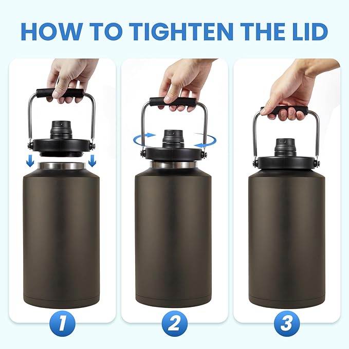 1 Gallon Water Bottle Insulated Stainless Steel Keeps Ice 48Hr, Large Water Gallon Jug Wide Mouth Leakproof Vacuum for Gym, Camping, & Construction Dark Khaki