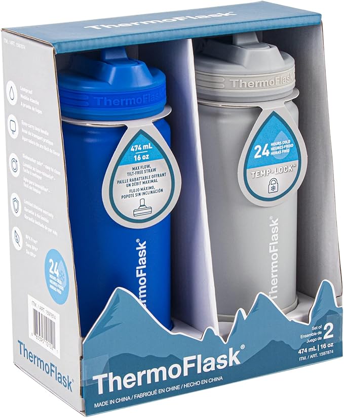 ThermoFlask Kids 16 oz Insulated Water Bottles with Straw Lid BPA-Free Stainless Steel Leakproof & Spill-Proof Design Easy Clean Wide Mouth 2-Pack for School, Sports, Playdates, Blueberry/Wolf Grey