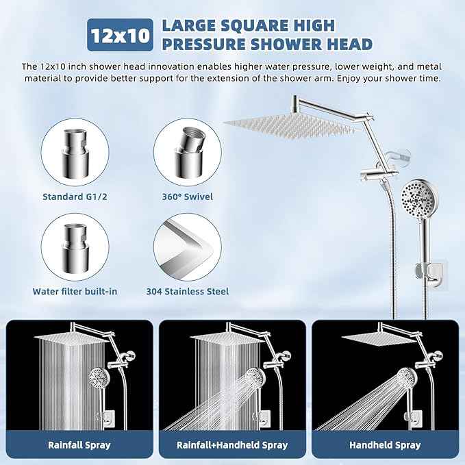 12” All Metal Rain Shower Head, High Pressure Rainfall Shower Head with Handheld Spray Combo, 5” Handheld Spray Powerful Clean 10-Mode, 16" Shower Extension Arm, 71" Hose, 3-Way Diverter, Chrome