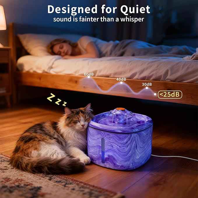 Cat Water Fountain Purple: Automatic Flower Pet Water Fountain for Cats Indoor-84oz/2.5L, Cute Cat Fountain for Drinking, LED Blue Light, Upgraded Ultra Quiet Pump, Gifts for Cats, Dogs (8Filters)