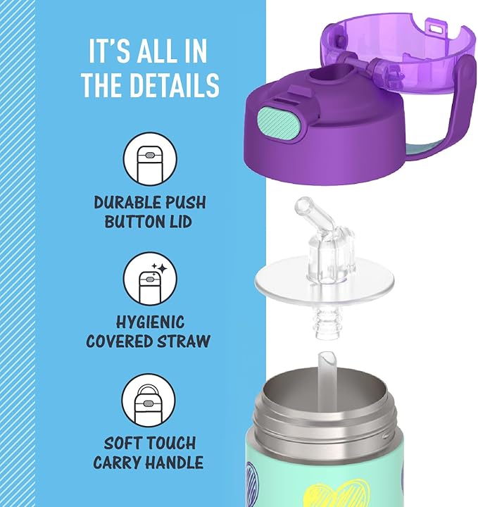 THERMOS FUNTAINER Water Bottle with Straw - 12 Ounce - Kids Stainless Steel Vacuum Insulated Water Bottle with Lid, Hearts