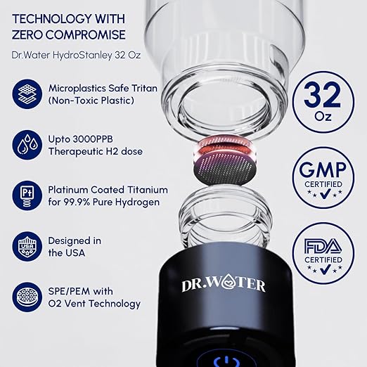 Hydrogen Water Bottle 32 Oz – Portable BPA Free Generator Tumbler with SPE/PEM Technology | Large Hydrogen Flask for Daily Hydration & Energy | H2 Infused Drinking Bottle Black by Dr Water