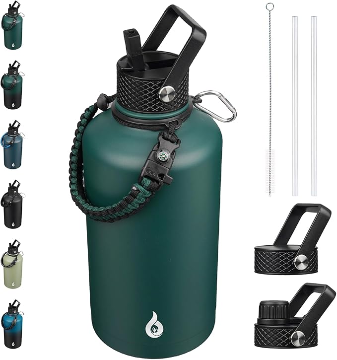BJPKPK 2/3 Gallon Water Bottle with Straw Lid, 87oz Large, Stainless Steel Water Bottles with 3 Lids and Paracord Strap, Double Wall Vacuum Metal Water Jug, Army Green