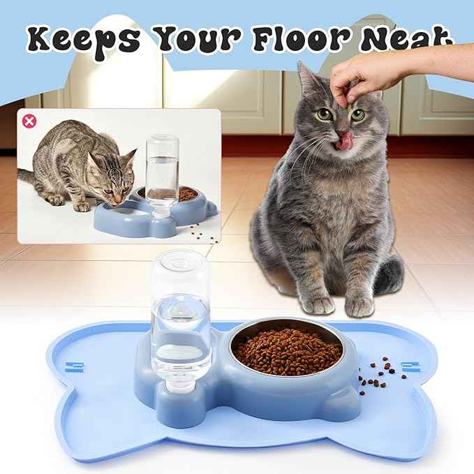 Blue Cat Food and Water Bowl and Non-Slip Silicone Mat Set Stainless Steel Food Bowl with 18.6oz Large Capacity Water Dispenser for Cats and Small Dogs