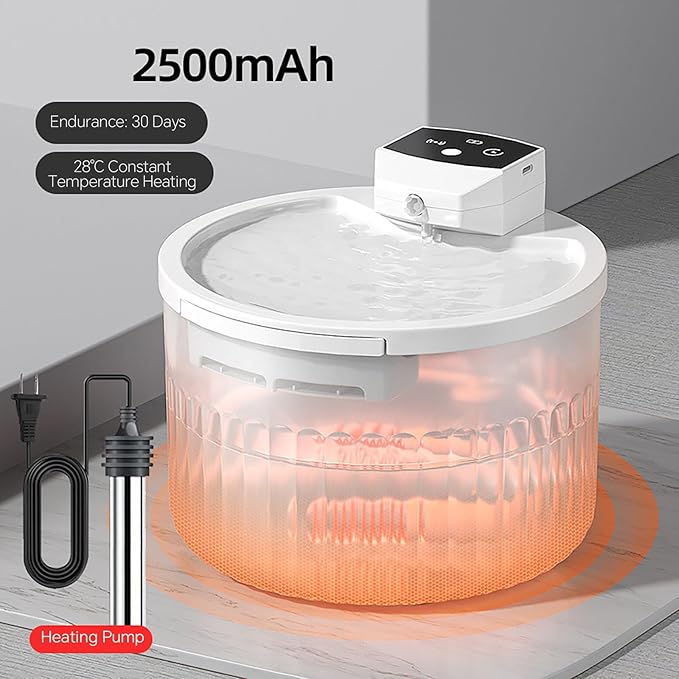 Cordless Ceramic Cat Water Fountain Constant 30°: 101.45oz/3L Automatic Super Silent Intelligent Sensor Pet Drinking Dispenser with 2500mAh Battery Dog Water Bowl Dispenser(White 30°)