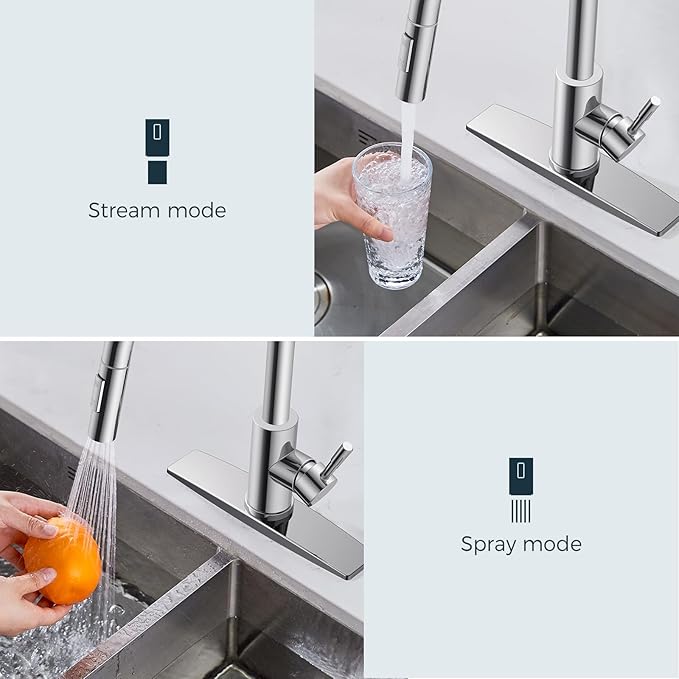 FORIOUS Chrome Kitchen Faucet with Soap Dispenser, High Arc Modern Sink Faucet with Pull Down Sprayer and Deck Plate, Stainless Steel Fit for 1 or 3 Hole for Pot Filler Bar Farmhouse Laundry Rv