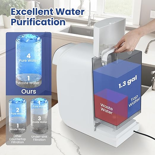 COSTWAY Countertop Reverse Osmosis Water Filter, 5-Stage RO + PPC Water Filtration System with UV Light Treatment, 4:1 Pure to Drain Portable Purifier for Home Kitchen, No Installation Required