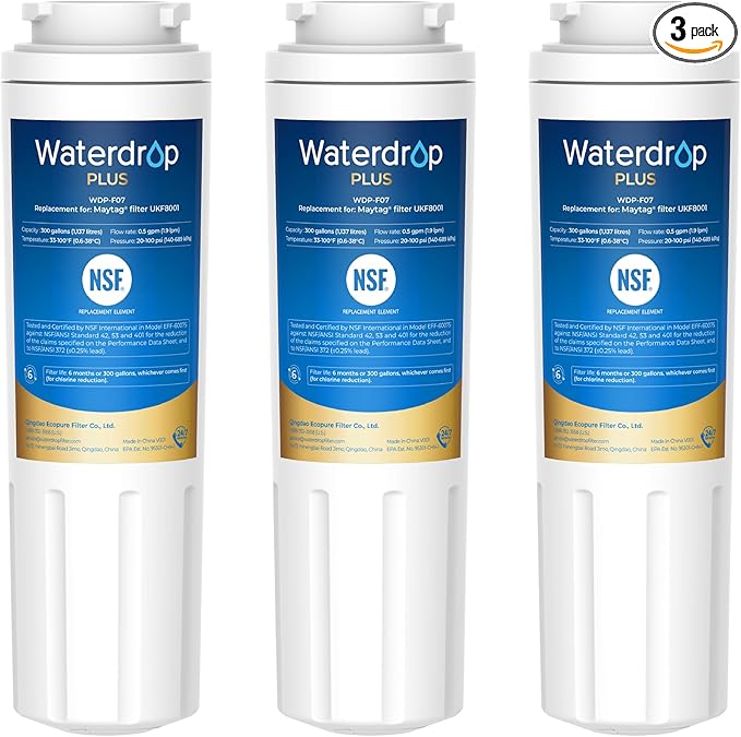 Waterdrop Plus UKF8001 NSF 401,53 Certified Refrigerator Water Filter, Reduce PFAS, Replacement for Whirlpool® Everydrop® Filter 4, EDR4RXD1, Maytag® UKF8001AXX, 3 Filters (Package May Vary) - AquaVibe