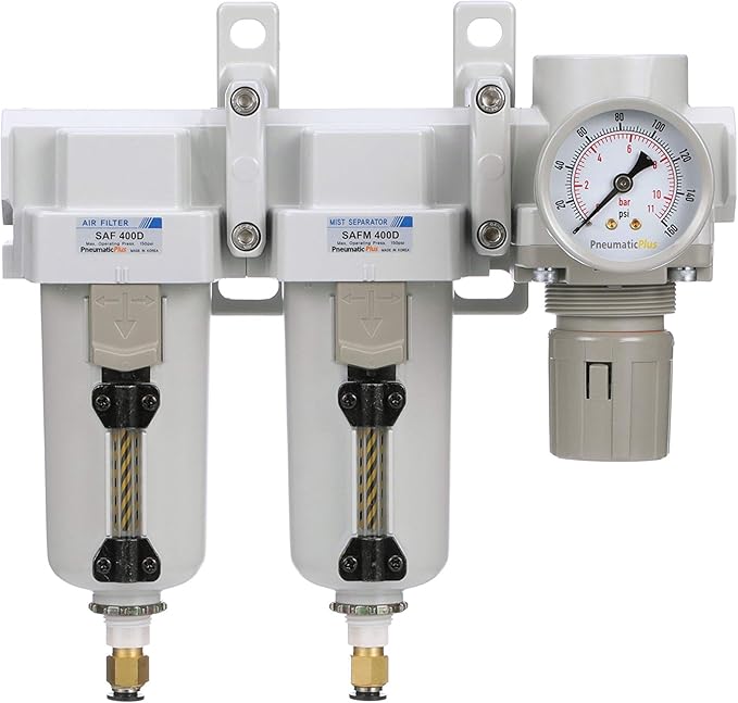 PneumaticPlus SAU430-N06DG-MEP Three Stage Air Drying System Particulate Air Filter, Coalescing Filter, Air Pressure Regulator Combo 3/4" NPT - Metal Bowl, Auto Drain, Bracket, Gauge - AquaVibe