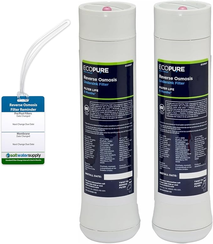 EcoPure Reverse Osmosis Filter Pair - Includes Pre/Post Filter Set (ECOROF) - Includes Service Reminder Tag - NSF Certified Authentic OEM Parts for ECOP30 RO Unit
